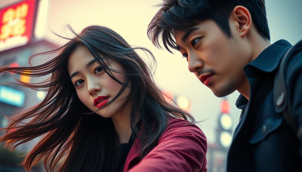 A dynamic couple exploring new romantic avenues, their youthful Japanese features radiating a captivating energy. The woman, hair flowing freely, gazes intently at her partner, her expression brimming with curiosity and anticipation. He, in turn, leans forward, his body language conveying a sense of eagerness and openness. Vibrant hues and a dreamlike atmosphere envelop the scene, inviting the viewer to imagine the alluring possibilities unfolding before them. Captured through a soft, cinematic lens, this image evokes the thrill of pursuing novel experiences in the realm of love.