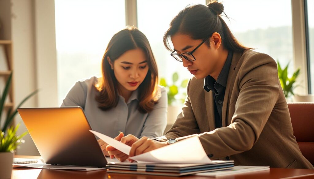 A dynamic duo of ESFJ professionals, a man and a woman, collaborating intently in an airy, sun-drenched office. Their expressions are focused, brows furrowed in thoughtful deliberation as they pore over documents and data on the desk before them. Warm, directional lighting casts a comforting glow, accentuating their youthful, Japanese-inspired features. An atmosphere of determined teamwork and harmonious partnership permeates the scene, reflecting the strengths of ESFJ-ESFJ compatibility.