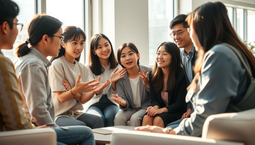 A dynamic group of young Japanese individuals gathered in a sunlit office, engaging in a collaborative discussion on leadership strategies. The scene captures their focused expressions, hands gesturing animatedly as they exchange ideas. Soft lighting from large windows casts a warm glow, creating an atmosphere of thoughtful introspection. The clean, modern interior design with minimalist furniture provides a professional, yet approachable setting for their meaningful dialogue on harnessing psychological functions to fuel personal growth and effective leadership.