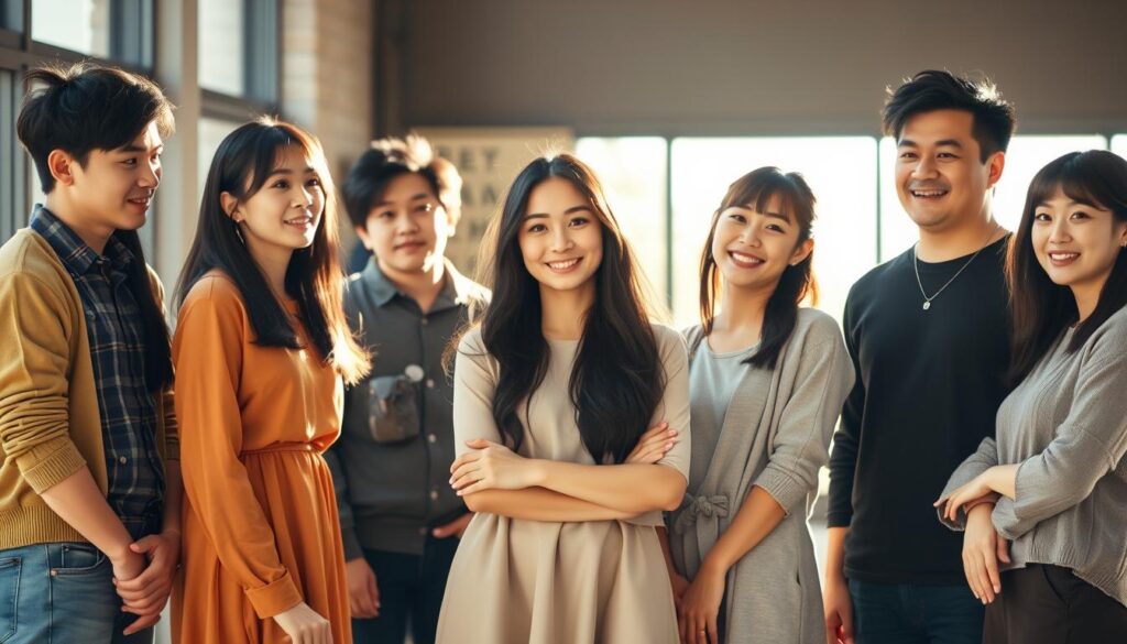A dynamic group of young, Japanese-looking individuals standing together, their body language and expressions reflecting the compatibility between different MBTI personality types. The scene is lit with a warm, natural light that accentuates their distinct features and creates a sense of harmony. The models are positioned in a thoughtful arrangement, conveying the nuanced relationships between the ESTP and other MBTI types. The image captures the essence of the "ESTP and Other MBTI Types Compatibility" section, inviting the viewer to contemplate the diversity and dynamics within the MBTI spectrum.