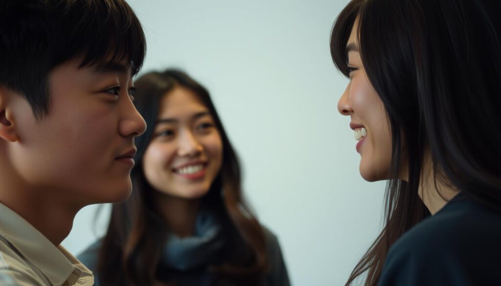 A dynamic interaction between two young Japanese-looking individuals, captured in a natural, unguarded moment. The foreground showcases a thoughtful expression on the face of the person on the left, conveying a sense of attentive listening and engaged consideration. In the middle ground, the person on the right responds with a warm, open smile, encouraging an atmosphere of mutual understanding. The background maintains a soft, diffused focus, allowing the two figures to take center stage and emphasize the intimacy of their initial encounter. Subtle, ambient lighting and a minimalist setting create a sense of intimacy and focus on the nonverbal cues of the subjects, reflecting the nuances of first impressions and interpersonal communication.