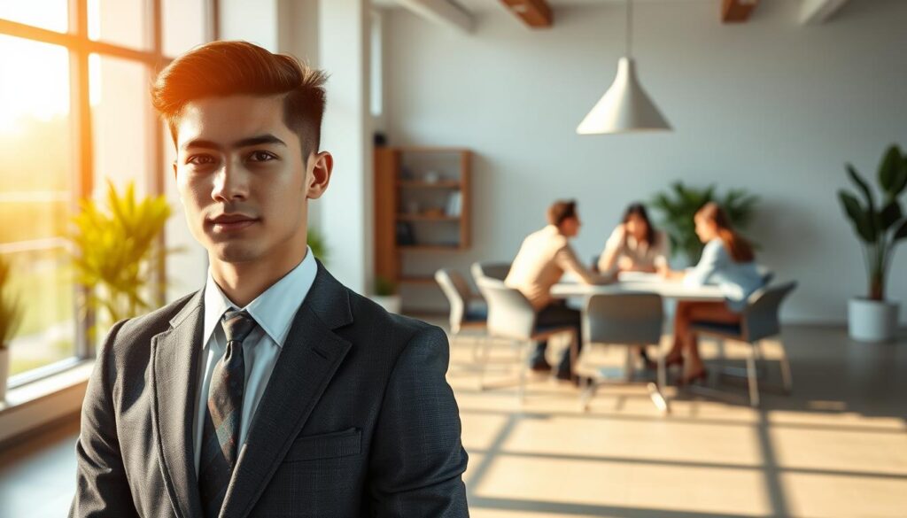 A dynamic office scene, illuminated by warm natural light pouring through large windows. In the foreground, a poised young professional, dressed in a sharp, tailored suit, exudes confidence and competence. Their gaze is focused, their posture upright, conveying a sense of purpose and authority. In the middle ground, teammates gather around a sleek conference table, engaged in a lively discussion, their body language open and collaborative. The background features modern, minimalist decor, clean lines, and a touch of greenery, creating a serene and productive atmosphere. The overall scene captures the strengths of the ESTP individual - the ability to lead, problem-solve, and thrive in a dynamic, fast-paced work environment.
