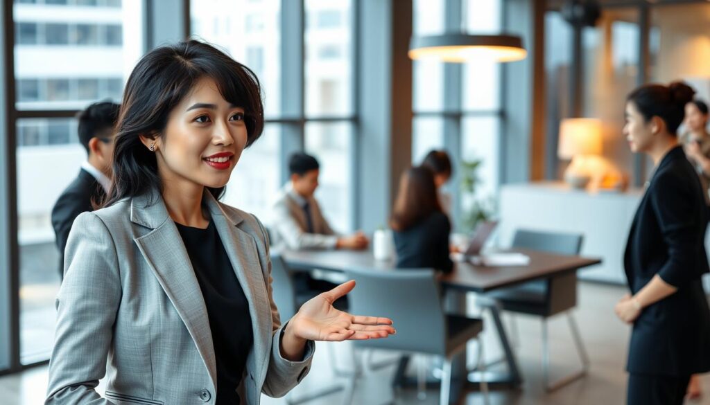 A dynamic office scene with young Japanese-looking professionals strategizing for career success. In the foreground, a confident woman in a tailored blazer gestures as she presents to her team. In the middle ground, colleagues collaborate at a sleek conference table, exchanging ideas. The background exudes a sophisticated atmosphere with floor-to-ceiling windows, modern decor, and warm lighting that casts a focused, determined mood. The entire composition conveys a sense of determination, teamwork, and a strategic mindset for professional growth.