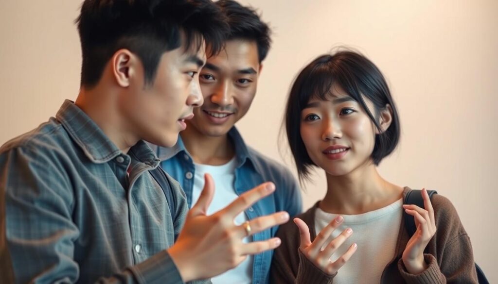 A dynamic pair of young Japanese-looking individuals engaged in a thoughtful discussion, capturing the essence of effective communication. Soft, warm lighting illuminates their attentive expressions as they lean in, making eye contact and gesturing with their hands. The background is a serene, minimalist setting, allowing the focus to remain on their connection and the exchange of ideas. Captured with a shallow depth of field, the scene conveys a sense of intimacy and focus on the meaningful interaction between the two figures.