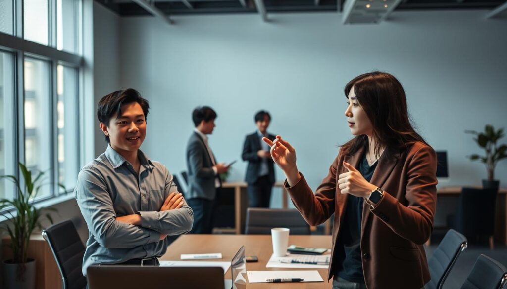 A dynamic scene showcasing the contrasting work roles and responsibilities of ESFP and ENFP personality types. In the foreground, an ESFP confidently coordinates a team project, their natural charisma and adaptability shining through. In the middle ground, an ENFP brainstorms innovative ideas, their imaginative mind sparking with creative energy. The background depicts a modern, minimalist office setting, evoking a sense of professionalism and productivity. Dramatic lighting casts dramatic shadows, heightening the visual impact. The models, young Japanese individuals, embody the distinct work styles and preferences of these Myers-Briggs personalities, captured in a realistic photographic style.