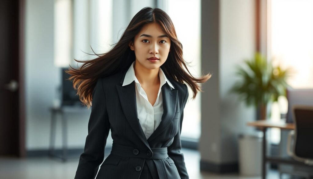 A dynamic, self-assured Japanese woman in her 20s strides forward, her raven hair swaying with purposeful movements. Exuding an aura of competence and confidence, she embodies the essence of "ENTP female energy" - decisive, problem-solving, and ever-ready to lead. Dressed in a crisp, tailored business outfit, she stands tall against a backdrop of a modern, minimalist office setting, the soft, directional lighting casting a warm glow on her determined expression. Captured in a three-quarter pose, her gaze is focused, with an unwavering determination that conveys her ability to take charge and navigate any challenge that comes her way.