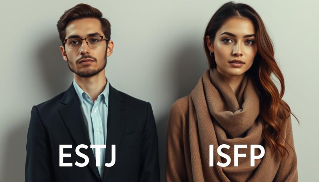 A finely detailed photo depicting two people, an ESTJ and an ISFP, side by side in a serene, minimalist setting. The ESTJ, dressed in a crisp suit, stands tall and composed, exuding confidence and organization. The ISFP, adorned in soft, earthy tones, appears more introspective and artistic, with a gentle, thoughtful expression. The lighting is soft and natural, highlighting the distinct facial features and body language of the two individuals, emphasizing their contrasting yet complementary personalities. The background is a muted, neutral palette, allowing the subjects to take center stage and inviting the viewer to closely observe the nuanced differences and subtle connections between the two Myers-Briggs types.
