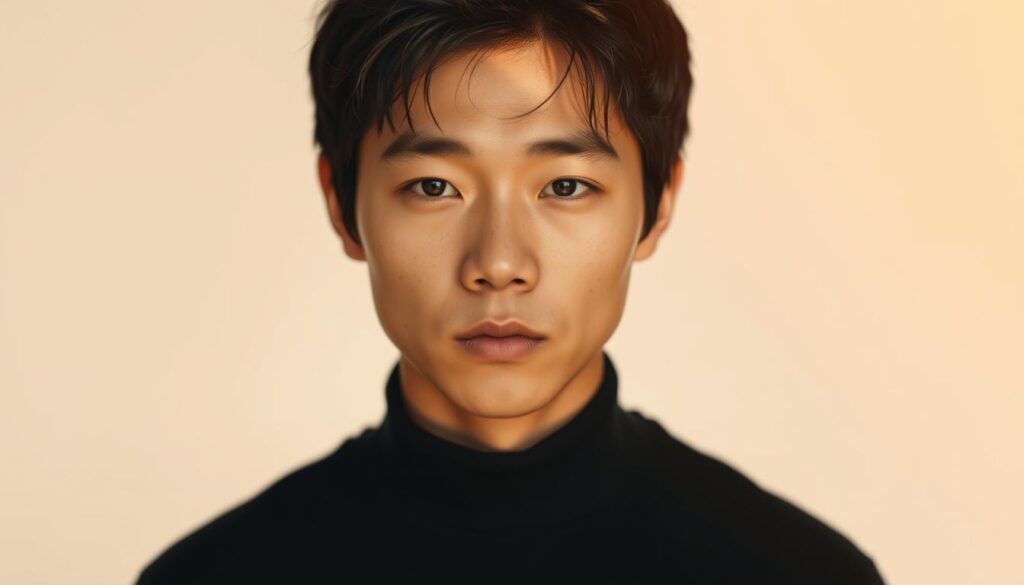 A focused and determined young Japanese individual stands in a serene, minimalist setting. Warm, natural lighting illuminates their face, capturing their intense gaze and introspective expression. The background features a soft, blurred gradient, allowing the subject to be the central focus. Subtle shadows and highlights define the figure's features, conveying a sense of depth and dimensionality. The overall composition is clean, balanced, and emphasizes the individual's inner journey of self-growth and personal development.