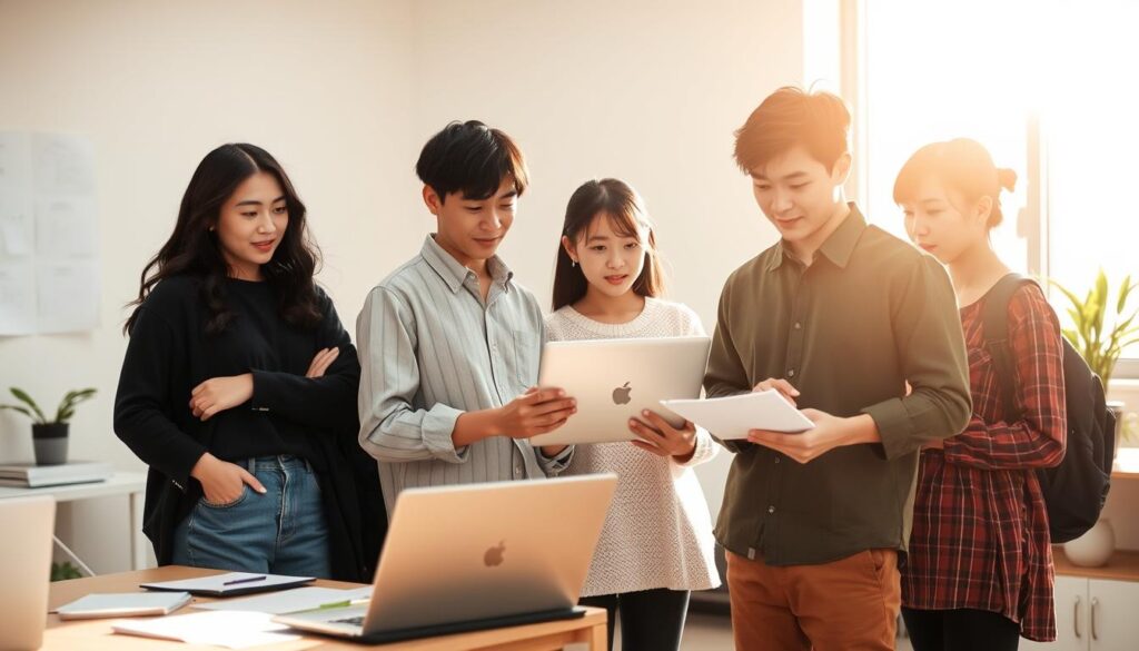 A focused, driven group of young Japanese individuals stand against a backdrop of clean, minimalist workspace. Sunlight streams in, illuminating their determined expressions as they collaborate, laptops open and notes scattered - embodying the pursuit of purpose-driven work. Warm tones and a sense of focus and drive permeate the scene, capturing the essence of "目的達成志向 ワークスタイル".