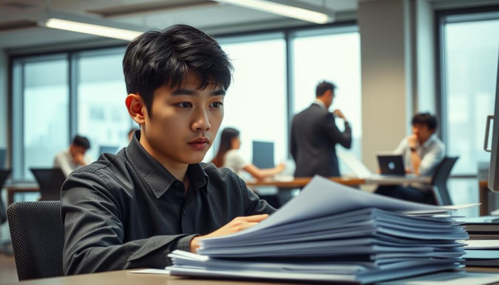 A focused, well-lit office scene depicting the challenges faced by an INFJ employee in the workplace. In the foreground, a young Japanese-looking person sits at a desk, their brow furrowed as they contemplate a stack of documents. The middle ground shows other employees engaged in intense discussions, creating a sense of tension and pressure. The background features a clean, modern office space with large windows, suggesting a professional, corporate environment. Soft, directional lighting casts dramatic shadows, heightening the mood of concentration and unease. The overall atmosphere conveys the unique challenges an INFJ personality may encounter in a typical office setting. A focused, well-lit office scene depicting the challenges faced by an INFJ employee in the workplace. In the foreground, a young Japanese-looking person sits at a desk, their brow furrowed as they contemplate a stack of documents. The middle ground shows other employees engaged in intense discussions, creating a sense of tension and pressure. The background features a clean, modern office space with large windows, suggesting a professional, corporate environment. Soft, directional lighting casts dramatic shadows, heightening the mood of concentration and unease. The overall atmosphere conveys the unique challenges an INFJ personality may encounter in a typical office setting.