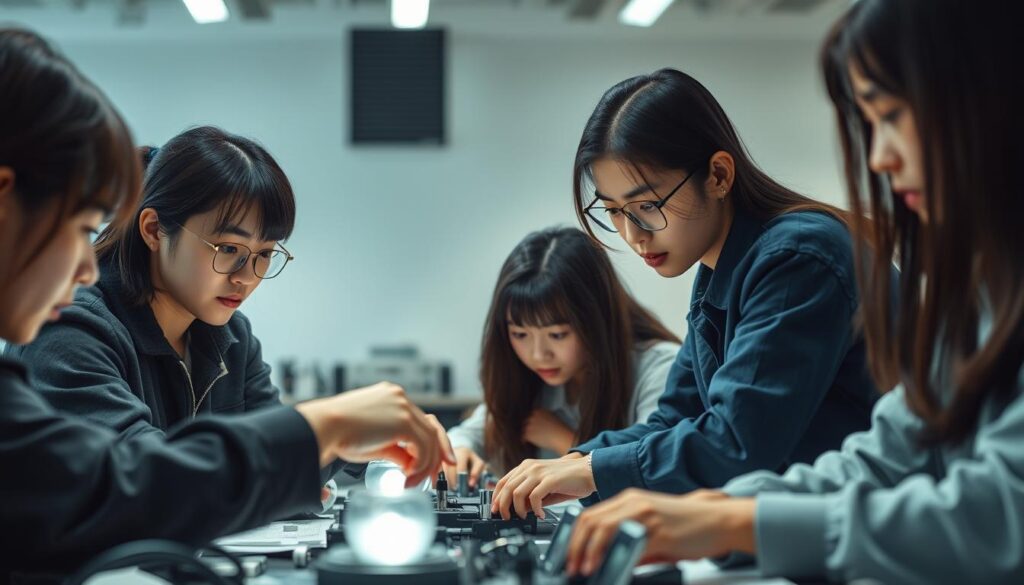 A group of young Japanese individuals, with dark hair and realistic facial features, engaged in practical, hands-on activities in a well-lit, modern workspace. They are intently focused on their tasks, demonstrating their proficiency and technical skills. The scene captures the dynamic and problem-solving nature of their work, with a sense of efficiency and purpose. The overall mood is one of calm concentration and a commitment to the practical application of knowledge.