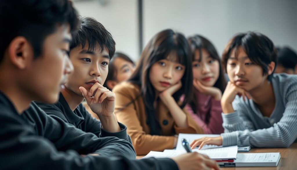 A group of young Japanese-looking individuals, captured in a realistic photographic style. The subjects are seated at a table, deep in thought, their expressions reflecting the introspective and analytical nature of the INTP personality type. The lighting is soft and natural, creating a contemplative mood. The scene is framed from a slightly elevated angle, emphasizing the subjects' focused engagement. The background is blurred, keeping the viewer's attention on the central figures and their thoughtful, pensive demeanor.