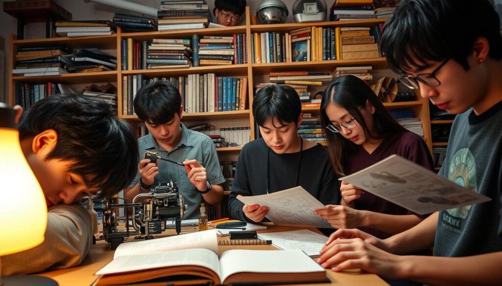A group of young, Japanese-looking individuals deeply immersed in a variety of intellectual and hobby-related activities. In the foreground, a person is hunched over a desk, engrossed in a book or a laptop, their face illuminated by the soft, warm glow of a desk lamp. In the middle ground, others are engaged in various hobbies - one is tinkering with a complex mechanical device, another is sketching in a notebook, and a third is studying a map or blueprint intently. In the background, shelves laden with an eclectic mix of books, tools, and artifacts suggest a space dedicated to the pursuit of knowledge and the exploration of diverse interests. The lighting is soft and muted, creating an atmosphere of focus and concentration, with hints of curiosity and discovery.