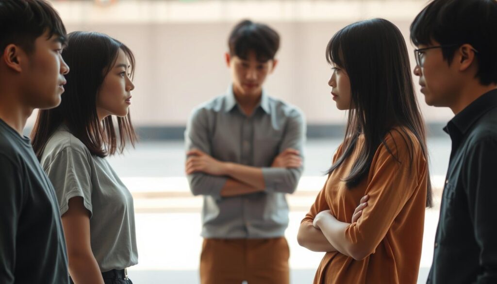 A group of young, Japanese-looking individuals engaged in a tense, non-verbal exchange. The foreground features two figures standing face-to-face, their body language and facial expressions conveying a subtle, but palpable sense of discomfort and disagreement. In the middle ground, a third person observes the interaction, their posture indicating a desire to intervene, yet hesitation. The background is softly blurred, allowing the viewer to focus on the nuanced interpersonal dynamics unfolding. The lighting is natural, slightly diffused, casting soft shadows that accentuate the subjects' features and emotions. The overall tone is one of unspoken tension, capturing the essence of an ENTP's non-verbal communication with someone they dislike.