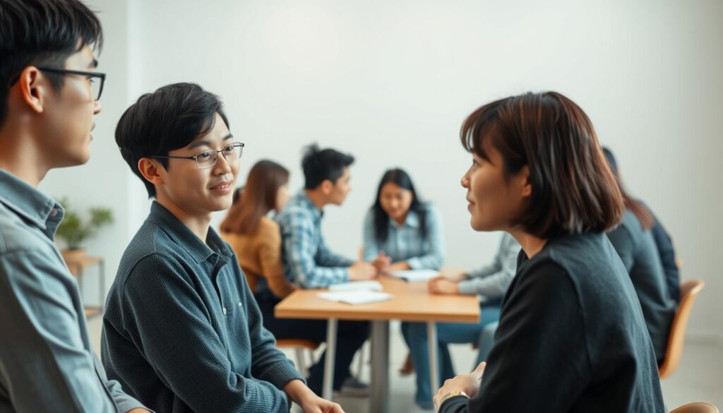 A group of young, Japanese-looking individuals engaged in an effective communication workshop. The foreground features two individuals intently listening to each other, their body language conveying attentiveness and understanding. The middle ground showcases a larger group gathered around a central table, exchanging ideas and gestures, while the background depicts a simple, minimalist setting with soft, natural lighting, creating a serene and focused atmosphere. The overall scene reflects a practical, growth-oriented approach to communication, conducive to personal and professional development.