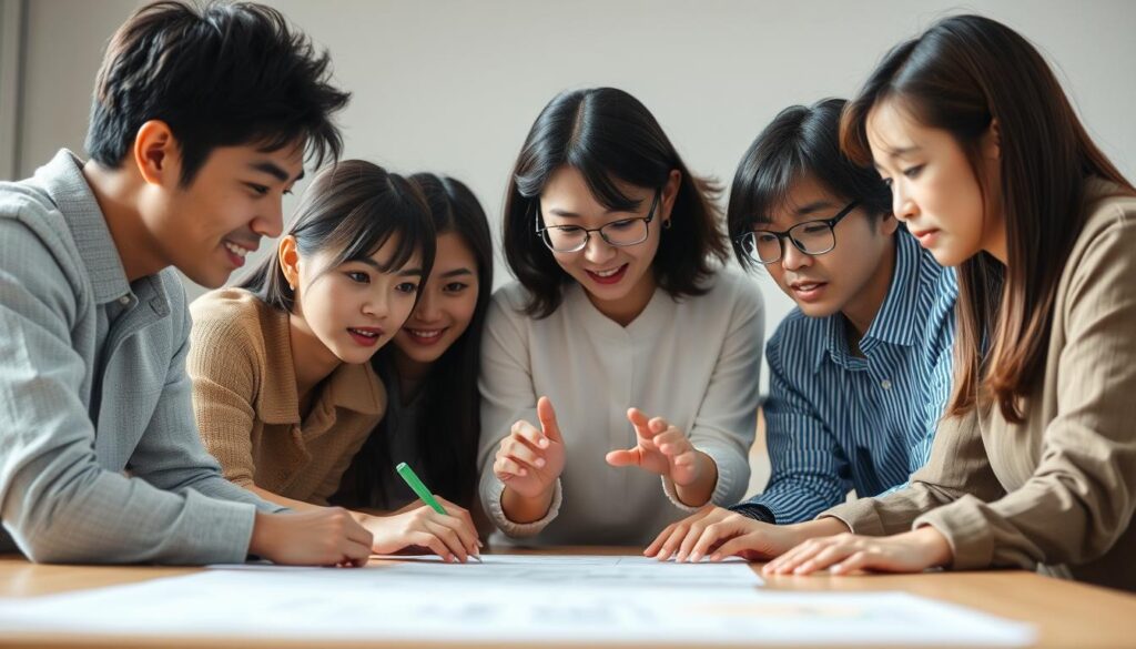 A group of young Japanese-looking individuals gathered around a table, deeply engaged in a collaborative problem-solving session. Soft, natural lighting illuminates their faces, revealing their intense focus and determination. The scene exudes a sense of pragmatism and efficiency, with each person contributing their unique perspectives and skills to find a practical solution. The background is pleasantly blurred, allowing the viewer to concentrate on the dynamic interplay between the team members as they navigate through a complex challenge. The overall atmosphere is one of productive camaraderie and a shared commitment to tackling real-world problems in a systematic and effective manner.