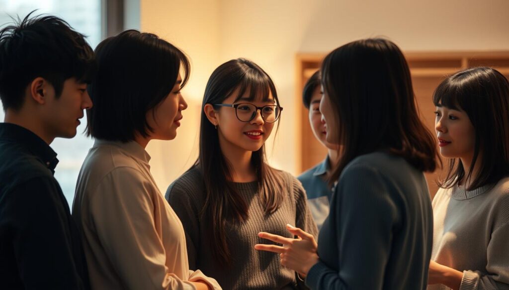 A group of young, Japanese-looking individuals in a warm, softly-lit office setting. They stand close together, their expressions conveying a sense of empathy and emotional connection as they engage in a collaborative discussion. The lighting is gentle, casting a soothing, introspective ambiance. The background is blurred, keeping the focus on the intimate interaction between the figures. Their body language suggests a shared understanding and a willingness to listen and support one another, embodying the essence of emotionally-driven leadership.