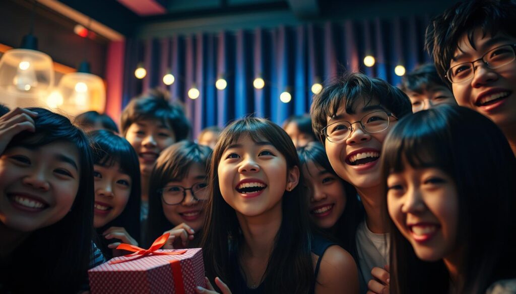 A group of young Japanese-looking individuals, their expressions brimming with excitement and anticipation, gathered in a vibrant, dimly lit setting. The foreground is dominated by their faces, illuminated by soft, warm lighting that casts a sense of mystery and discovery. In the middle ground, there are hints of unexpected elements, such as a partially revealed gift box or a dramatic, theatrical curtain, hinting at the surprise that awaits. The background is blurred, allowing the viewer to focus on the faces and the sense of expectation. The overall mood is one of curiosity, adventure, and the thrill of the unknown, perfectly capturing the essence of "冒険心を刺激するサプライズ".