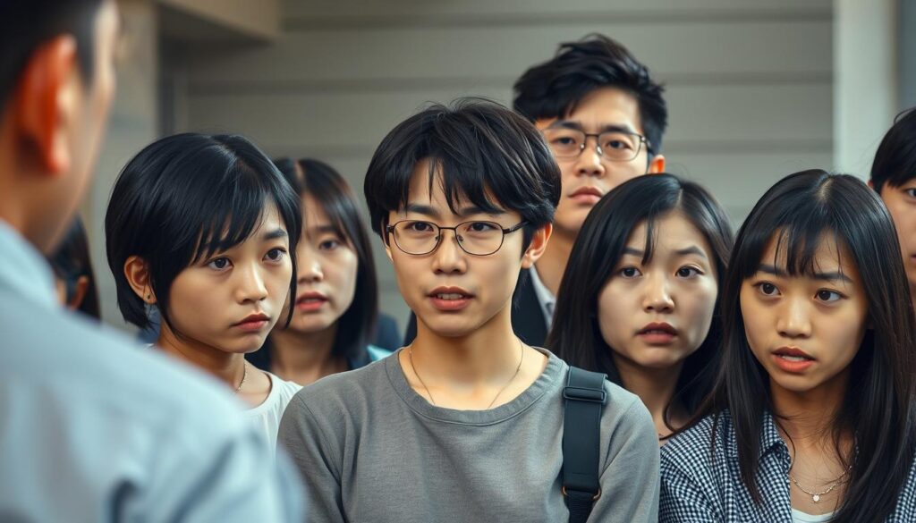 A group of young Japanese-looking individuals, their expressions ranging from annoyance to active disdain, as they react to an unseen ENTP personality. The scene is captured in a realistic, high-resolution photographic style, with vivid details in the foreground, middle ground, and background. The lighting is natural, with soft shadows and highlights accentuating the subjects' features. The overall mood conveys a sense of tension and discomfort, reflecting the difficult dynamics between ENTPs and those who dislike their characteristics.