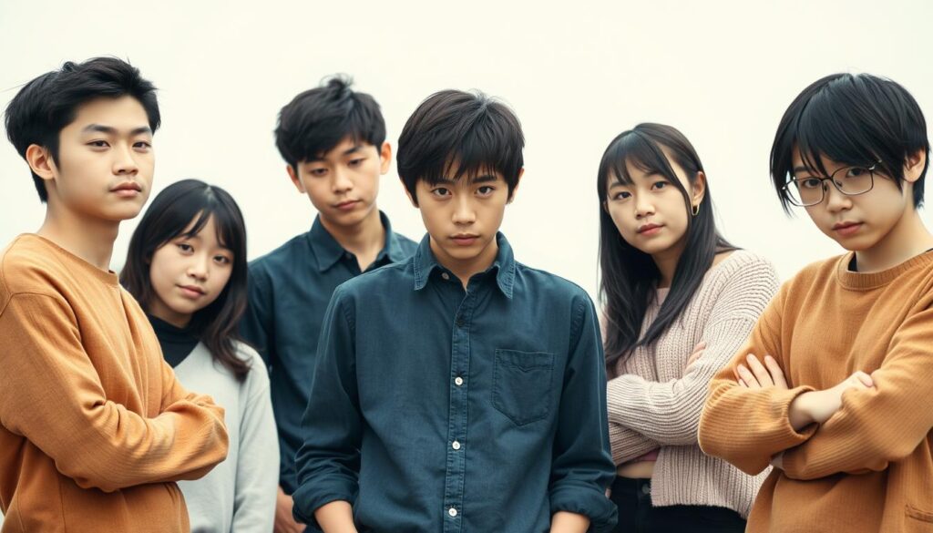 A group of young Japanese-looking individuals with dark hair, standing in an uneasy, confrontational pose. Their body language and facial expressions convey a sense of tension and discomfort, hinting at the difficult compatibility between their MBTI types. The scene is captured in a realistic photographic style, with natural lighting and a clear, focused composition that draws the viewer's attention to the charged interaction between the figures.