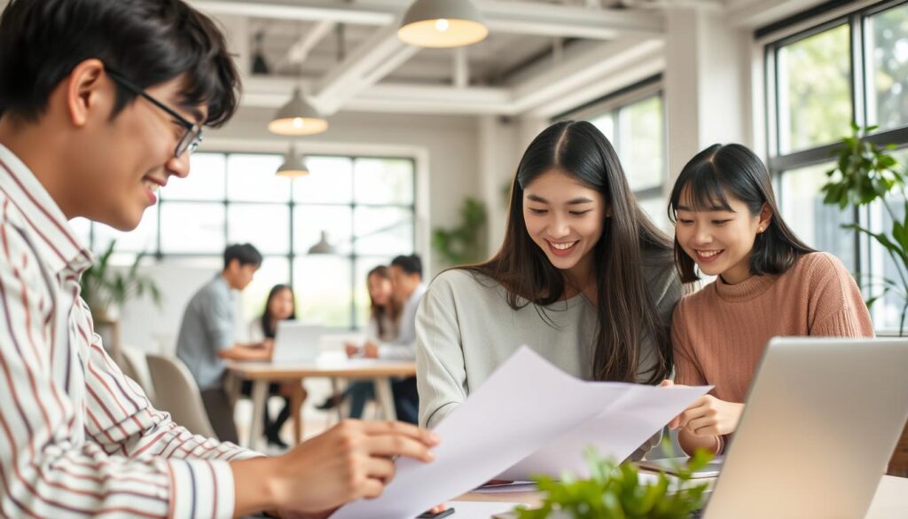 A group of young Japanese-looking individuals working together in a cozy, well-lit office setting. The foreground features two people collaborating intently on a shared task, their body language conveying a sense of camaraderie and engagement. In the middle ground, a small team discusses ideas, their expressions animated and focused. The background showcases the open-concept workspace, with natural light flooding in through large windows, fostering an atmosphere of productivity and teamwork. The overall scene evokes a harmonious, collaborative environment where these youthful professionals thrive through their interconnected roles and shared purpose.