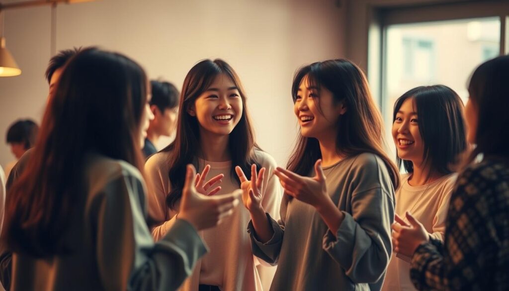 A group of young Japanese-looking people engaged in lively conversation, their body language and facial expressions conveying a sense of mutual understanding and camaraderie. Soft, warm lighting bathes the scene, creating an intimate, relaxed atmosphere. The foreground features the models in a variety of poses, gesturing and leaning towards each other, while the background is slightly blurred, placing the focus on the interpersonal dynamics. The overall composition suggests a harmonious, symbiotic relationship between the individuals, capturing the essence of "友人関係の相性分析".