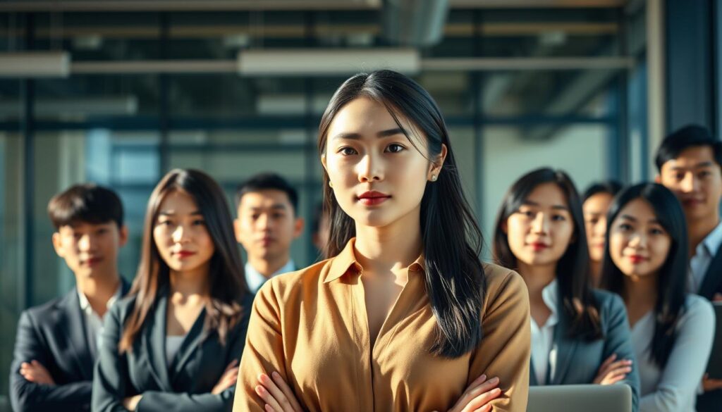 A group of young, Japanese-looking professionals in a modern office setting, exuding an aura of confidence and competence. The scene is bathed in warm, natural lighting, highlighting their sharp, focused expressions and purposeful body language. In the foreground, a woman stands tall, her gaze unwavering, embodying the decisive and organized leadership qualities of an ESTJ. Her teammates flank her, reflecting her ability to direct and coordinate a team towards a common goal. The overall atmosphere conveys a sense of efficiency, organization, and a drive to achieve meaningful results.