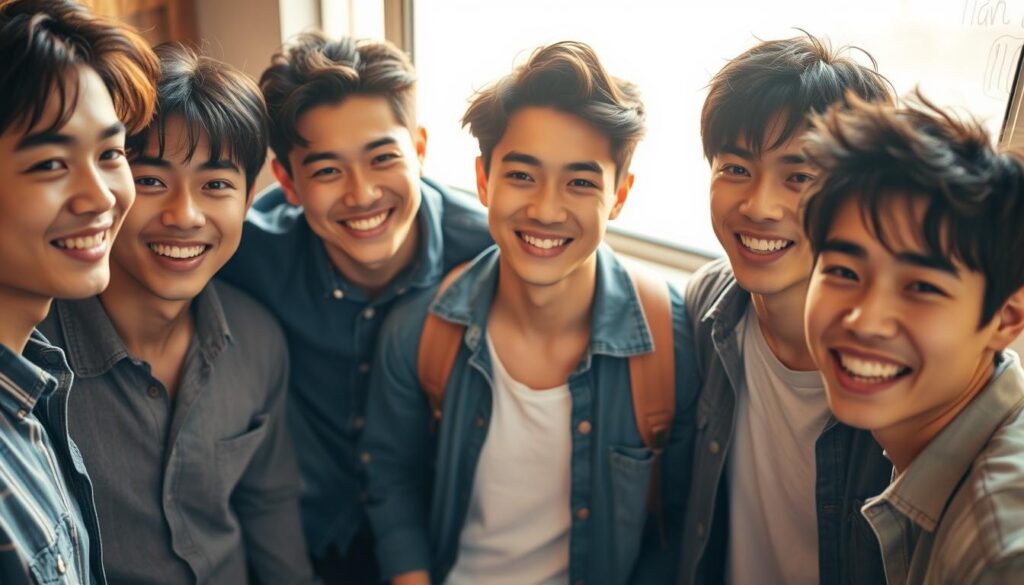 A group of young, attractive Japanese-looking men, captured in a candid, natural setting. They exude an effortless charm and magnetic presence, their features reflecting the alluring qualities often associated with ENFP personalities - playful, charismatic, and brimming with infectious energy. Warm, diffused lighting bathes the scene, creating a soft, inviting atmosphere. The men are casually interacting, their body language and facial expressions conveying the warmth, openness, and genuine connections that draw others to ENFP individuals. The overall impression is one of approachability, likeability, and a captivating, magnetic appeal.