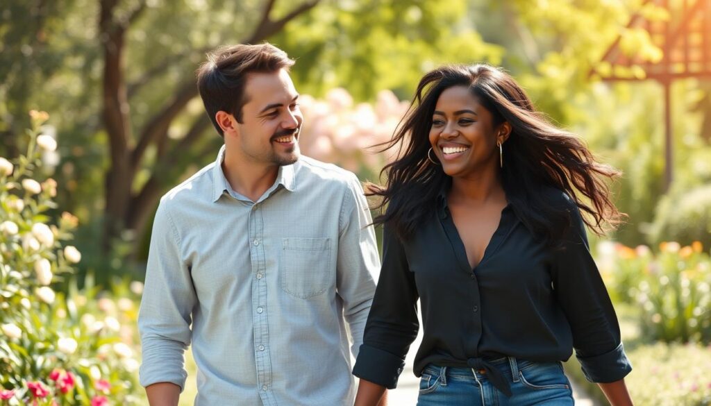 A harmonious couple strolling hand-in-hand through a serene, sun-dappled garden. The man, with an earnest expression, gazes adoringly at his partner, a woman with a radiant smile, her ebony hair flowing in the gentle breeze. They are in perfect sync, their body language conveying a deep, mutual understanding. In the background, lush greenery and blooming flowers create a tranquil, idyllic setting, accentuating the warmth and intimacy of their connection. The scene is captured with a soft, naturalistic lighting that enhances the authenticity and authenticity of the moment, reflecting the success and joy of their compatible pairing.