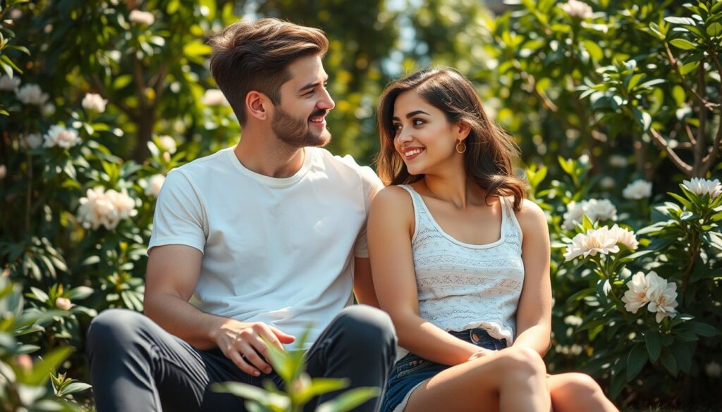 A harmonious duo blossoms, showcasing the synergistic growth of ISTJ and ENFP. Thoughtful ISTJ guides the vivacious ENFP, their contrasting natures weaving a tapestry of mutual understanding. In a sun-dappled garden, they sit together, ISTJ's steady gaze meeting ENFP's enthusiastic eyes. Soft lighting caresses their lithe, youthful frames, hinting at the potential for their relationship to flourish. The verdant foliage around them symbolizes the nurturing environment they cultivate, each complementing the other's strengths. This image captures the essence of an ISTJ-ENFP partnership, where differences blend into a profound bond that propels their individual and shared development.
