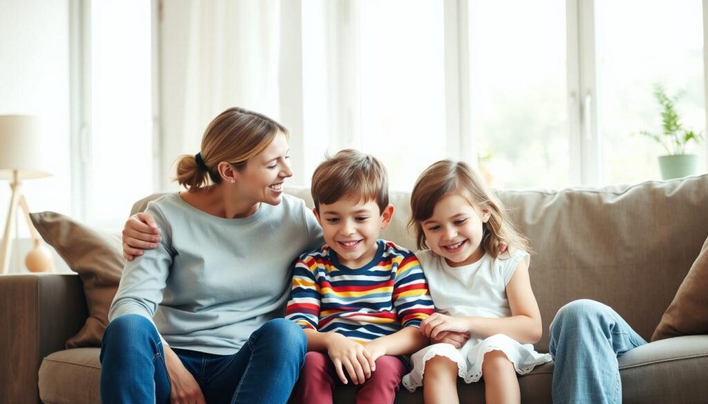 A harmonious family portrait set in a warm, inviting living room. In the foreground, a young ESTJ mother and ESFP father sit together, their affectionate gaze conveying a sense of balance and understanding. The middle ground features their two children, a son and daughter, engaged in a playful interaction that highlights the family's dynamic. The background showcases gentle natural lighting filtering through large windows, creating a calming, photorealistic atmosphere. The overall composition and facial expressions suggest a family united by mutual respect and care, reflecting the essence of the ESTJ-ESFP relationship.