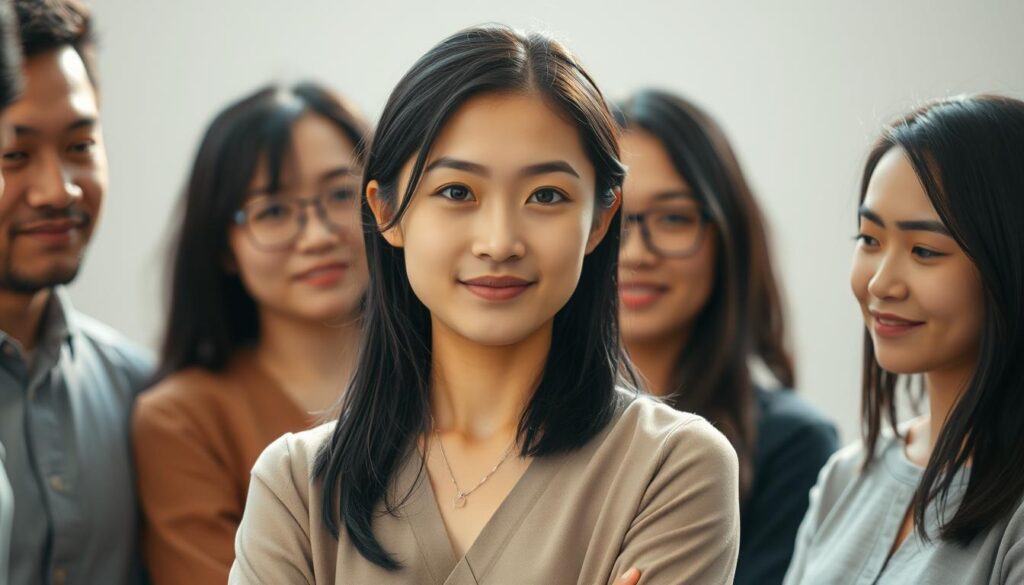 A harmonious team leader standing confidently, exuding a calm and composed presence. They have a thoughtful gaze, guiding their team with wisdom and empathy. The lighting is soft, creating a serene atmosphere. The composition places the leader in the foreground, surrounded by their supportive team members in the middle ground. The background is slightly blurred, keeping the focus on the leader's leadership qualities. The overall mood is one of trust, cohesion, and a shared sense of purpose. The model has a youthful, Japanese-inspired appearance with black hair, reflecting the cultural context.