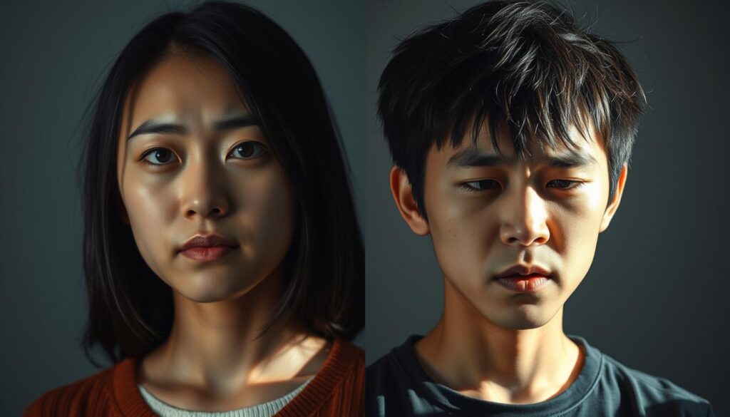 A high-contrast photograph of two young Japanese individuals, one with a calm, neutral expression and the other with a distressed, anxious facial expression. The images are side-by-side, highlighting the stark differences in their stress responses. The lighting is dramatic, with harsh shadows and highlights, creating a tense, emotive atmosphere. The subjects are framed against a muted, minimalist background, drawing the viewer's full attention to the contrasting emotional states. The camera angle is slightly low, adding a sense of intensity and psychological weight to the scene. The overall impression is one of a clinical, analytical comparison of stress reactions.