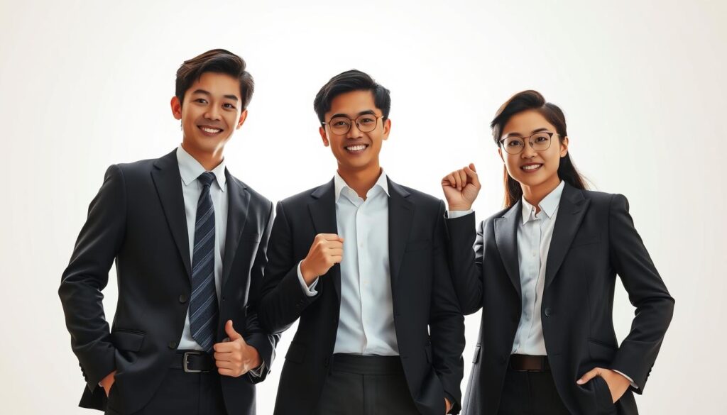 A high-resolution, photorealistic image of three young, Japanese-looking individuals in their 20s or 30s, posing confidently against a clean, bright background. The subjects are dressed in formal business attire, radiating an aura of success and professionalism. Strong, directional lighting illuminates their faces, highlighting their determined expressions. The scene conveys a sense of achievement, with the subjects embodying the concept of "social success stories" within the context of the article's theme. The image is captured with a high-quality DSLR camera, utilizing a shallow depth of field to draw the viewer's attention to the central figures.