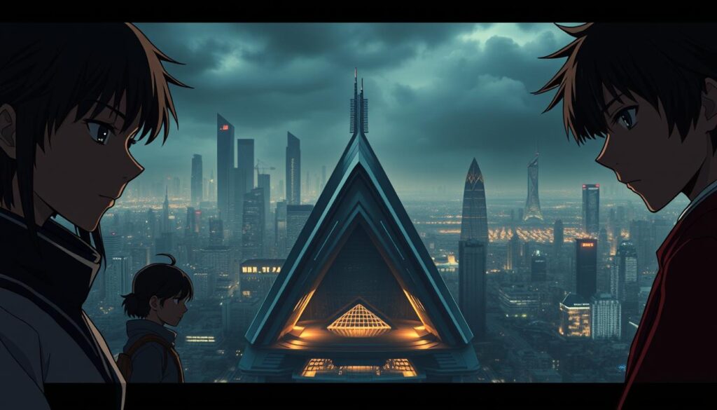 A high-stakes narrative unfolds amidst a cinematic backdrop. In the foreground, three young Japanese-inspired characters stand in contemplation, their expressive faces conveying a complex emotional journey. Subtle lighting casts dramatic shadows, heightening the sense of depth and introspection. The middle ground features a captivating architectural structure, its sleek, angular design mirroring the characters' inner turmoil. In the distance, a vast, moody cityscape sets the stage, the skyline dotted with towering skyscrapers that loom overhead, creating a sense of scale and gravitas. This visually striking scene captures the essence of the INTP-A character's capacity for creating compelling drama through their unique perspectives and decision-making.