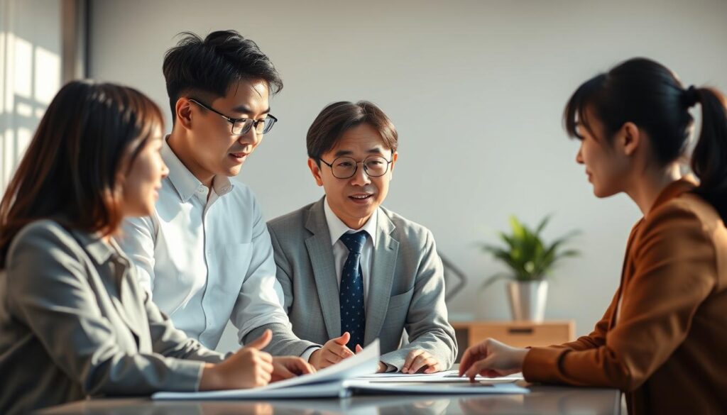 A hyper-realistic, high-quality photograph of three young Japanese-looking individuals in a professional office setting. The scene depicts a middle-aged ESTJ-A type employee discussing work with two younger coworkers. The lighting is natural and warm, with soft shadows casting a calm, productive atmosphere. The office decor is minimal and modern, with clean lines and subtle colors. The figures are posed in a way that suggests collaboration and mutual understanding. The focus is sharp, and the depth of field blurs the background, emphasizing the central characters. The overall aesthetic is polished and visually engaging, reflecting the subject matter of workplace compatibility.