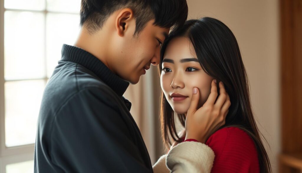 A intimate, tender moment between an ISTP woman and her partner, captured in a warm, natural light. The woman gently touches her partner's face, her soft expression conveying unspoken affection. Their bodies are angled towards each other, creating a sense of intimacy and connection. The background is blurred, keeping the focus on the couple's emotional exchange. The overall scene exudes a sense of quiet, genuine love and vulnerability. The models have a youthful, Japanese-inspired appearance, their features and hairstyles reflecting the cultural context.