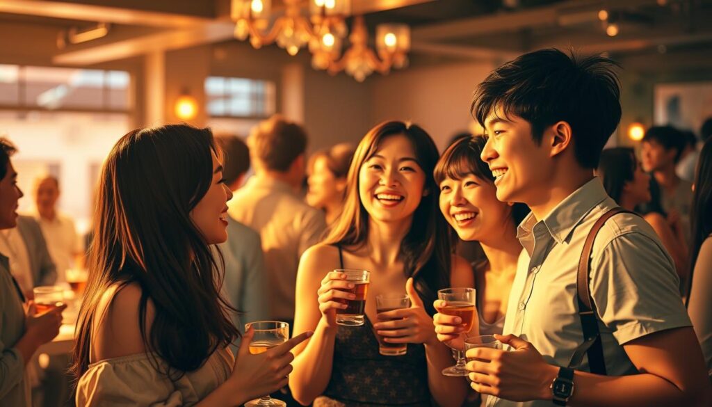 A lively group of young Japanese people engaged in animated conversation at a stylish party. The scene is bathed in warm, ambient lighting that casts a golden glow, creating a cozy, intimate atmosphere. In the foreground, three friends lean in close, gesturing expressively as they share laughs and stories. Their faces are rendered in realistic detail, capturing the charm and charisma of their youthful features. In the middle ground, a few other partygoers mingle, drinks in hand, their interactions punctuated by occasional bursts of laughter. The background is softly blurred, suggesting a larger gathering unfolding amidst a tastefully decorated venue, perhaps with hints of elegant furnishings or festive decor visible.