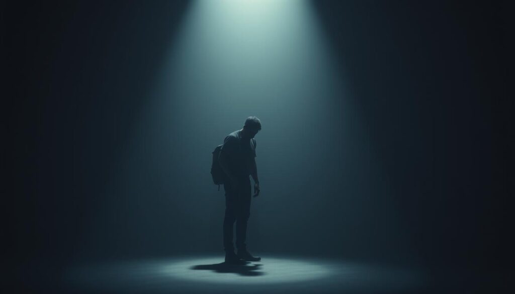 A lone figure stands in a dimly lit room, their face cast in shadow, conveying a sense of trepidation and vulnerability. The figure's posture is hunched, as if carrying the weight of their own self-disclosure. Soft, muted tones create an atmosphere of introspection, while a muted, desaturated palette suggests the difficulty of the inner journey. The scene is captured with a shallow depth of field, focusing the viewer's attention on the central figure, their expression hidden from view, but their body language speaking volumes about the challenge of self-revelation.