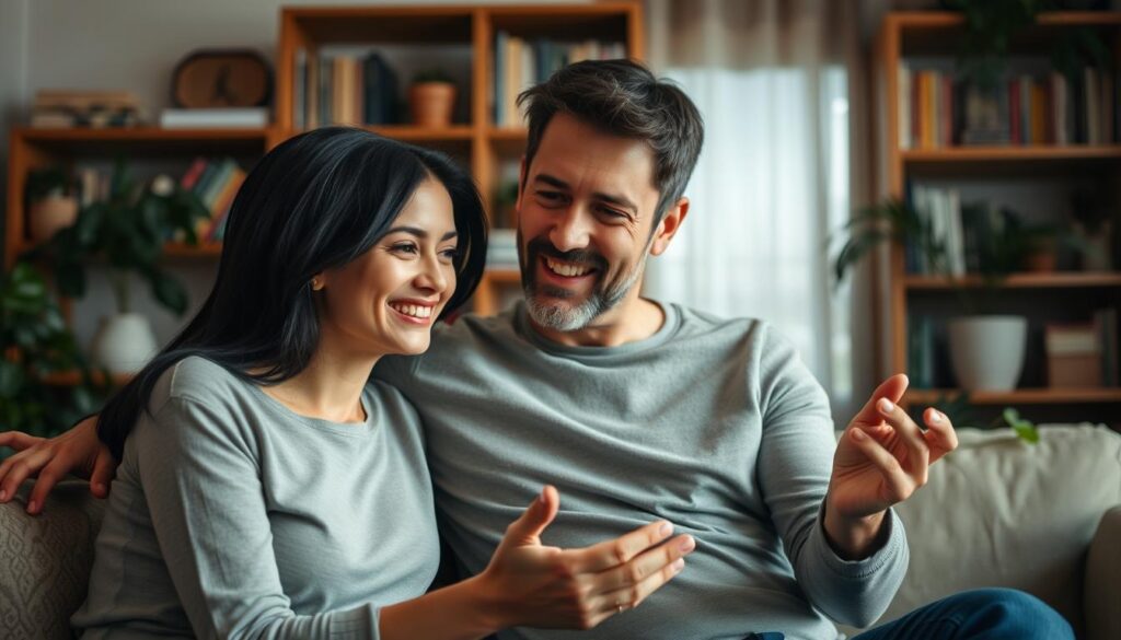 A loving couple in a cozy living room, sharing a heartfelt moment as they explore a shared hobby together. Soft lighting illuminates their faces, capturing their genuine expressions of interest and connection. The woman leans in, her dark hair framing her delicate features, as the man gestures enthusiastically, his hands animated as they discuss their shared passion. In the background, bookshelves and plants create a warm, intimate atmosphere, reflecting the couple's intellectual and creative interests. The scene conveys a sense of comfort, understanding, and the joy of discovering new things together.