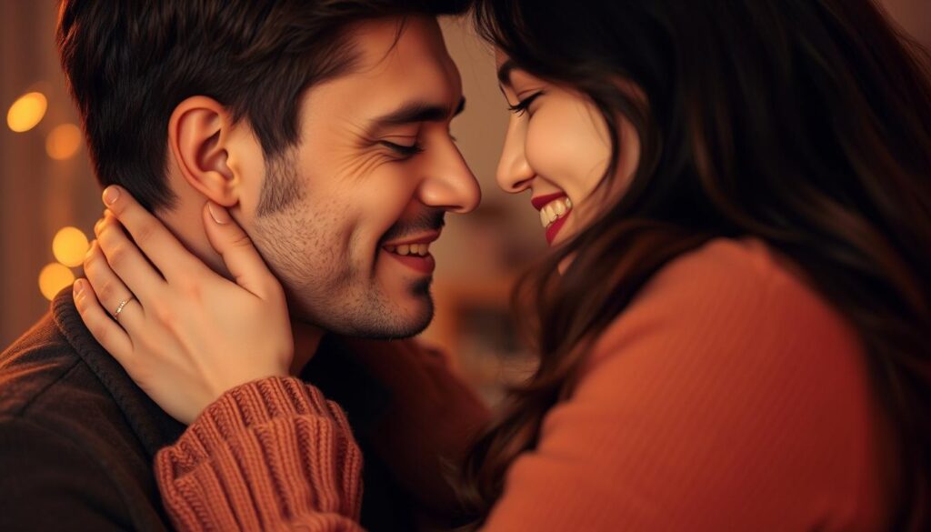 A loving couple in a warm, intimate embrace, their faces close and filled with mutual understanding. The woman, with delicate features and flowing dark hair, gazes tenderly at her partner, who returns her affection with a gentle smile. Soft, ambient lighting casts a romantic glow, enveloping them in a sense of connection and trust. The background is blurred, allowing the focus to remain on the pair's emotional intimacy and the secrets to their successful relationship.