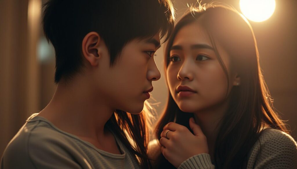 A meticulously composed image of two young, Japanese-looking models in a thoughtful, contemplative pose. The foreground features the models facing each other, their expressions conveying a sense of deep understanding and emotional connection. Soft, warm lighting illuminates their features, creating an intimate, almost ethereal atmosphere. The background is blurred, allowing the focus to remain on the models and their logical, measured approach to love. The overall scene exudes a sense of rationality and control, reflecting the INTJ personality type's unique perspective on relationships.