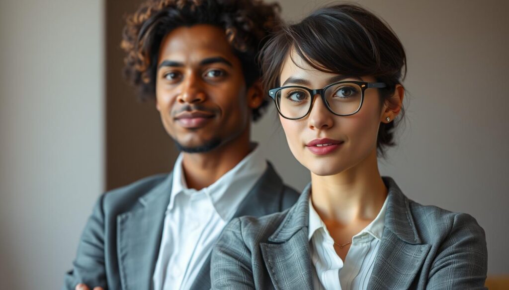 A meticulously composed portrait showcasing the juxtaposition of two distinct personalities. In the foreground, a well-dressed ESFJ individual radiates a warm, approachable demeanor, their body language conveying a sense of organization and attention to detail. In the middle ground, an ENFP counterpart displays a more expressive, free-spirited persona, their gaze and posture suggesting a creative, spontaneous nature. The background is softly blurred, allowing the viewer to focus on the nuanced interplay between these contrasting personalities. Captured with a shallow depth of field and natural lighting, the image exudes a sense of intimacy and understanding, inviting the viewer to explore the dynamics between these complementary types.