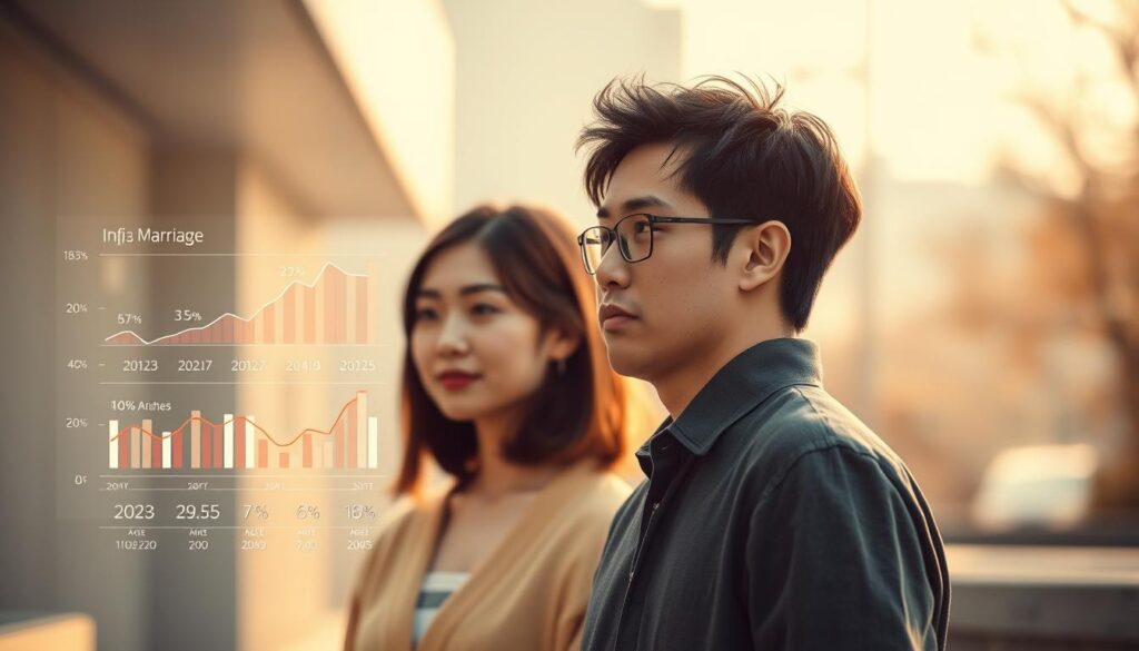 A meticulously composed scene depicting the current state of marriage in Japan. In the foreground, a young Japanese couple in their 20s stand side by side, their expressions pensive and thoughtful. Their attire is casual yet sophisticated, hinting at their modern, urban lifestyle. In the middle ground, a data visualization chart floats, displaying statistics and trends related to marriage rates, ages, and societal attitudes. The background is softly blurred, suggesting a sense of contemplation and introspection. Warm, natural lighting bathes the scene, creating a subtle, reflective atmosphere. The overall composition conveys a sense of the challenges and complexities faced by young Japanese INFJ individuals navigating the modern landscape of marriage and relationships.