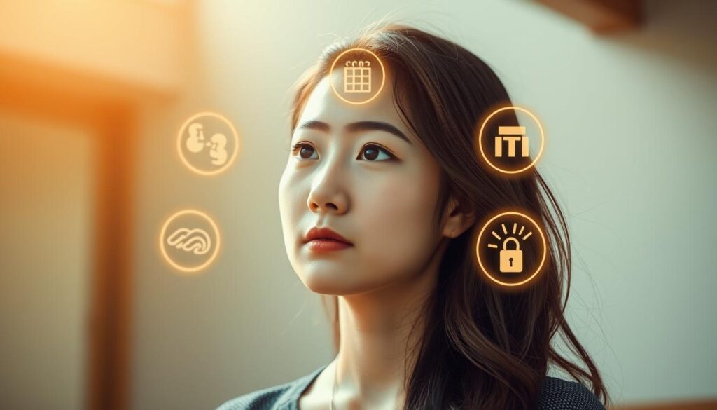 A meticulously crafted scene depicting the key points of the MBTI assessment. The foreground features a thoughtful young Japanese woman, her face serene and pensive, as she contemplates her personality traits. In the middle ground, a series of subtly glowing icons representing the MBTI dimensions hover around her, inviting the viewer to explore the nuances of her inner world. The background is a softly blurred, minimalist setting, allowing the focus to remain on the woman and the MBTI elements. Warm, natural lighting bathes the scene, conveying a sense of introspection and self-discovery. The overall mood is one of quiet contemplation, guiding the viewer to better understand the ISFJ personality and how to leverage its unique strengths.