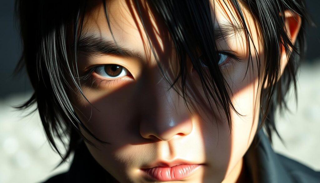 A meticulously detailed, ultra-realistic portrait of a young Japanese person with dark hair, captured in a tight, close-up framing that fills the frame. The subject has a stern, unimpressed expression, their gaze cold and distant, conveying a sense of detachment and disinterest. Bright, directional lighting casts sharp shadows across the face, emphasizing the subject's angular features and creating a moody, dramatic atmosphere. The background is blurred, keeping the focus solely on the pensive, introverted persona of the individual.
