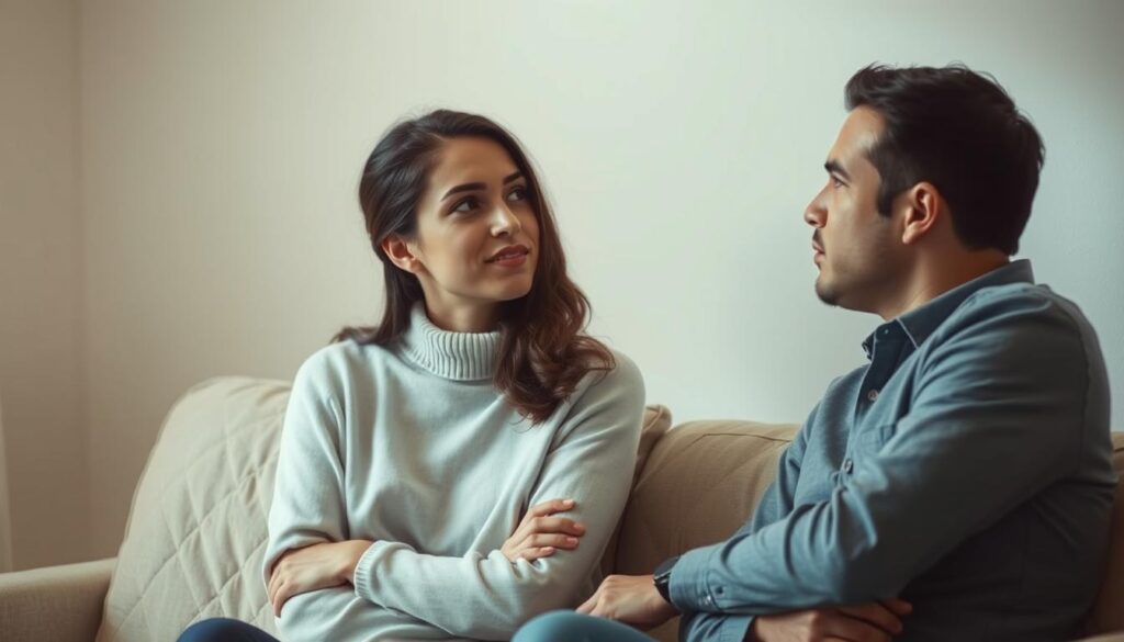 A minimalistic yet thoughtful scene unfolds, where two INFJ individuals engage in a cautious yet meaningful dialogue. The setting is intimate, with soft lighting casting a warm glow on their introspective faces. Their body language suggests a delicate balance, as they navigate the complexities of building a lasting connection, mindful of their unique emotional needs and vulnerabilities. The composition emphasizes the subjects' pensive expressions, inviting the viewer to reflect on the nuances of their interpersonal dynamics. The overall atmosphere conveys a sense of quiet contemplation, mirroring the careful approach necessary for these thoughtful individuals to establish a fulfilling relationship.