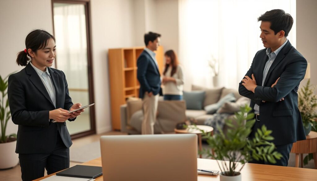 A modern Japanese office with a minimalist aesthetic. In the foreground, a young man and woman, dressed in business attire, collaborate on a project, their body language indicating a positive work dynamic. In the middle ground, another couple, a man and woman, engage in a casual discussion, suggesting the balance between professional and personal roles. The background features a serene, softly lit living room, hinting at the integration of work and home life. The lighting is warm and inviting, creating a sense of harmony and balance between the workplace and domestic sphere. Realistic photographic style, no captions or text.