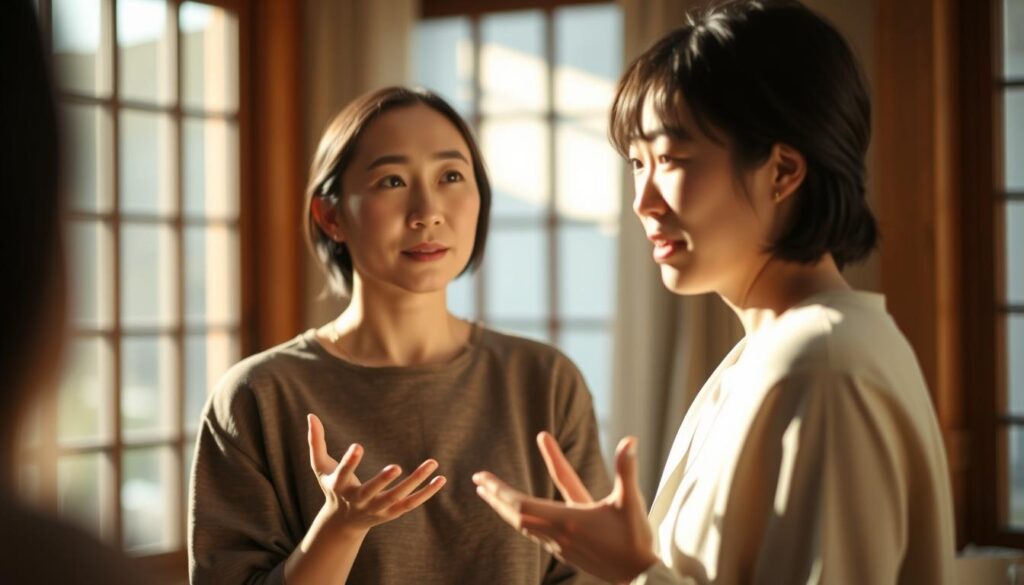 A modern Japanese woman standing in a warm, well-lit room, her expressive face and gestures conveying a thoughtful, introspective mood as she engages in a heartfelt conversation. Soft natural lighting filters through the windows, casting a gentle glow on her features. Her posture is relaxed yet intentional, reflecting a sense of openness and attentiveness. The background is slightly blurred, keeping the focus on the woman's emotive performance and the nuanced communication between her and an unseen conversation partner. The overall atmosphere evokes a sense of meaningful, authentic connection.