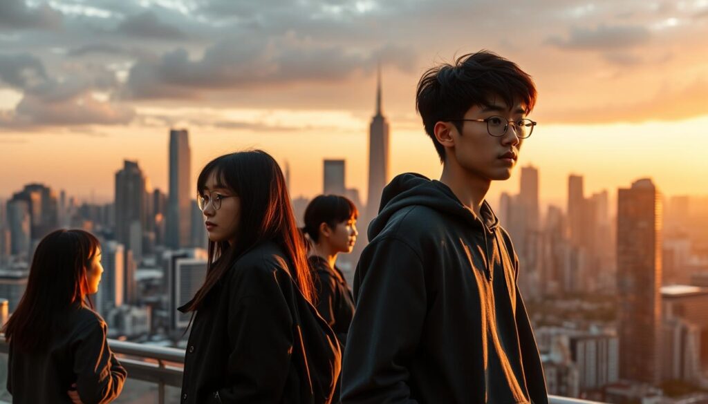 A modern city skyline at dusk, with a group of young Japanese-looking individuals standing in the foreground, deep in contemplative thought. The scene is bathed in a warm, golden light, casting long shadows that suggest the logical, analytical nature of their minds. In the background, a bustling metropolis with towering skyscrapers represents the complex, fast-paced society they navigate. The models have a pensive, introspective expression, their gaze fixed on the distant horizon, symbolizing the INTP-A character's unique perspective on the world. The image conveys a sense of detachment, yet also a profound understanding of the logical underpinnings of modern life.